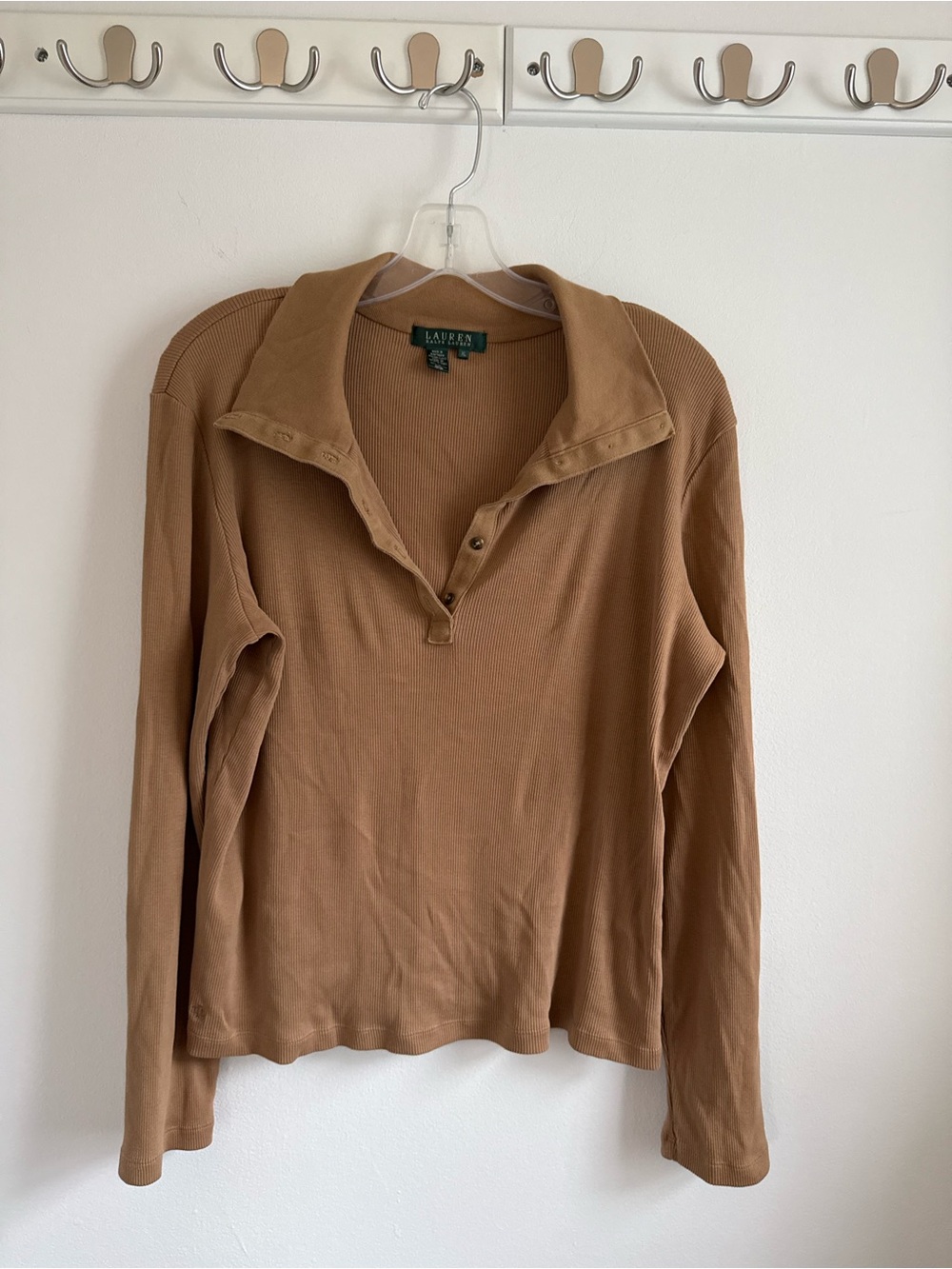 Lauren Ralph Lauren Ribbed Long-Sleeve Polo Top in Camel Brown
